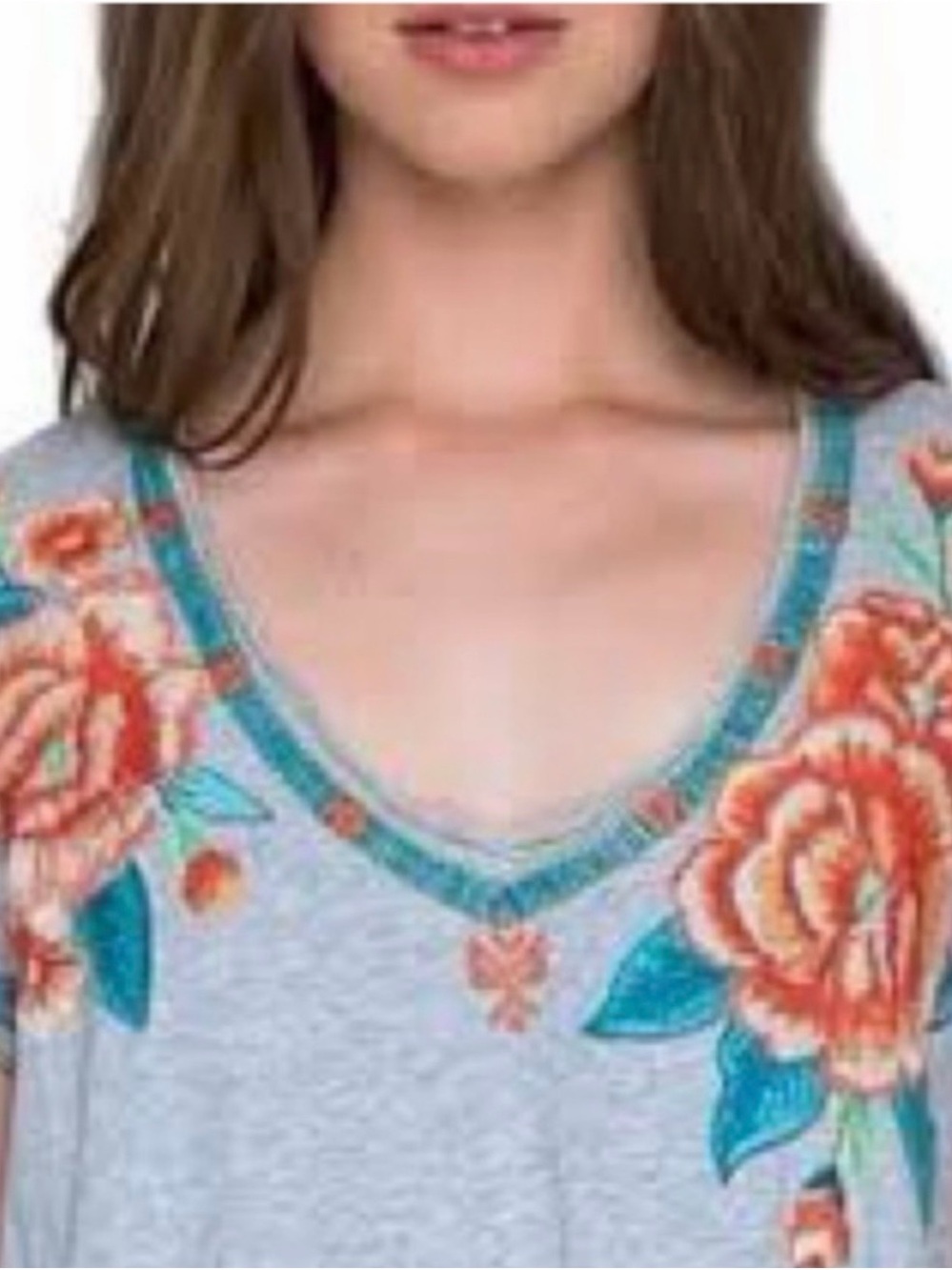 Johnny Was Heather Gray Tunic with Coral and Teal Embroidery